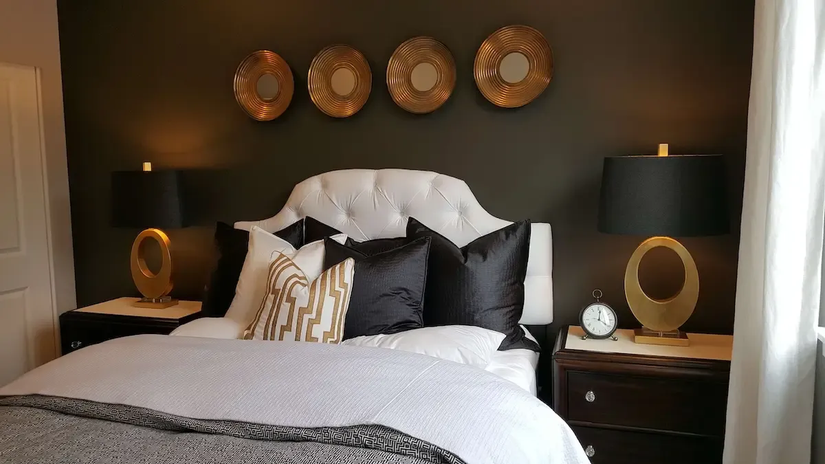 A modern bedroom featuring a white tufted headboard, a neatly made bed with black and white pillows, and gray bedding. Two bedside tables with circular gold lamps and a small clock on the right table are present. Four circular gold wall decorations hang above the bed.